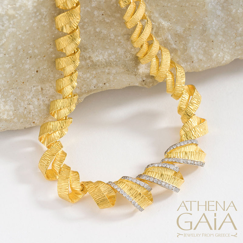 Looping Ribbon with Diamonds Necklace - 18k Gold Necklace - Collar Necklace