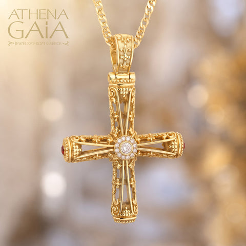 Columns Filigree Diamond Halo Orthodox Cross (Large) - 18k Gold - Byzantine Cross