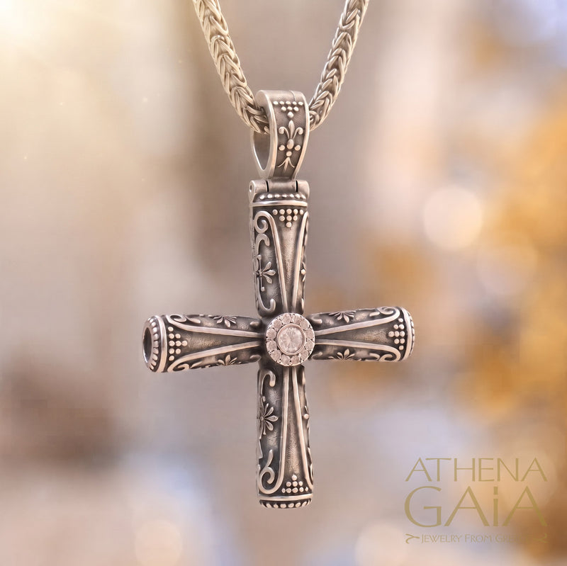 Columns Solid Halo Orthodox Cross (Large) - Sterling Silver - Byzantine Cross