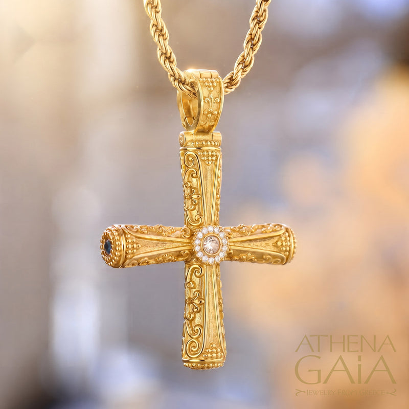 Columns Solid Halo Orthodox Cross (Large) - 18k Gold - Byzantine Cross