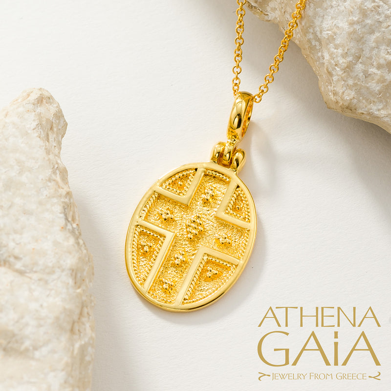 Byzantine Oval Konstantinata - 18k Gold - Greek Cross