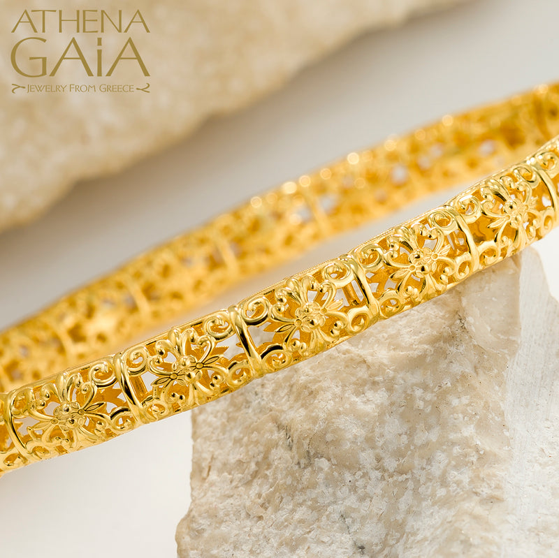 Byzantine Embroidery Bracelet - 18k Gold Bracelet - Hinged Bangle Bracelet