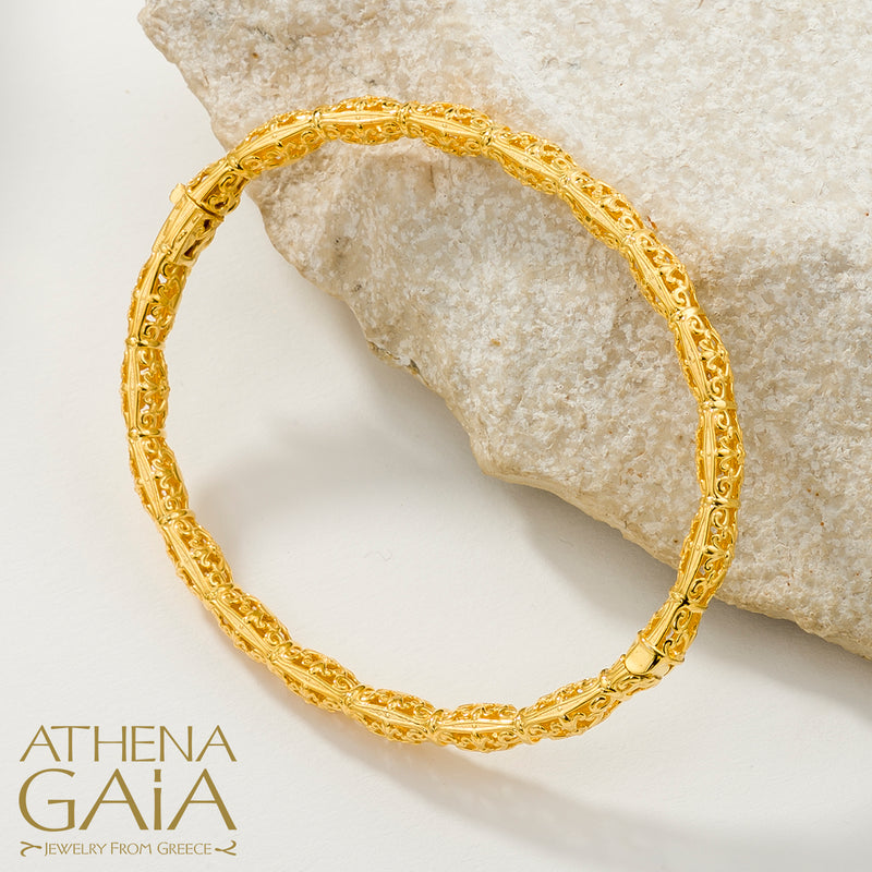 Byzantine Embroidery Bracelet - 18k Gold Bracelet - Hinged Bangle Bracelet
