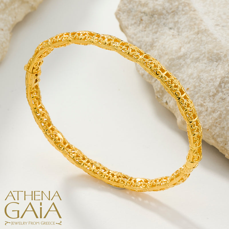 Byzantine Embroidery Bracelet - 18k Gold Bracelet - Hinged Bangle Bracelet