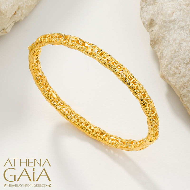 Byzantine Embroidery Bracelet - 18k Gold Bracelet - Hinged Bangle Bracelet