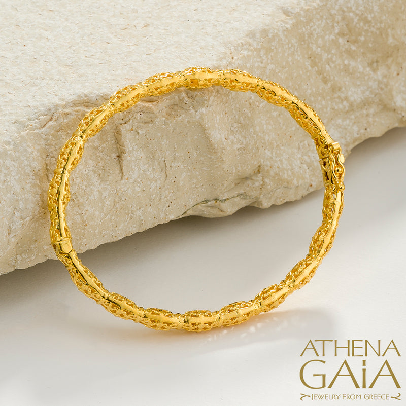 Byzantine Embroidery Bracelet - 18k Gold Bracelet - Hinged Bangle Bracelet
