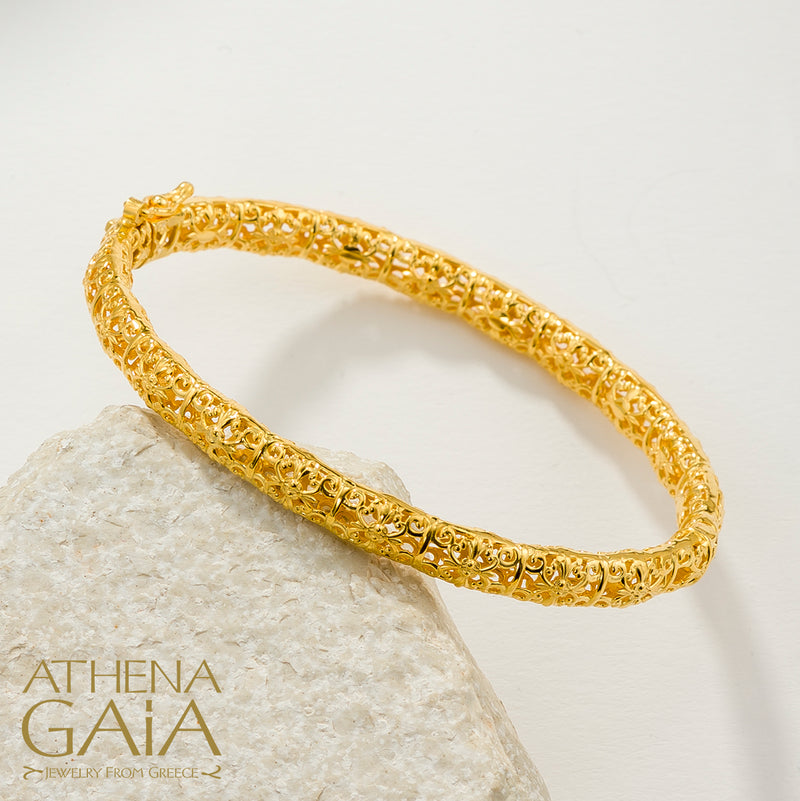Byzantine Embroidery Bracelet - 18k Gold Bracelet - Hinged Bangle Bracelet