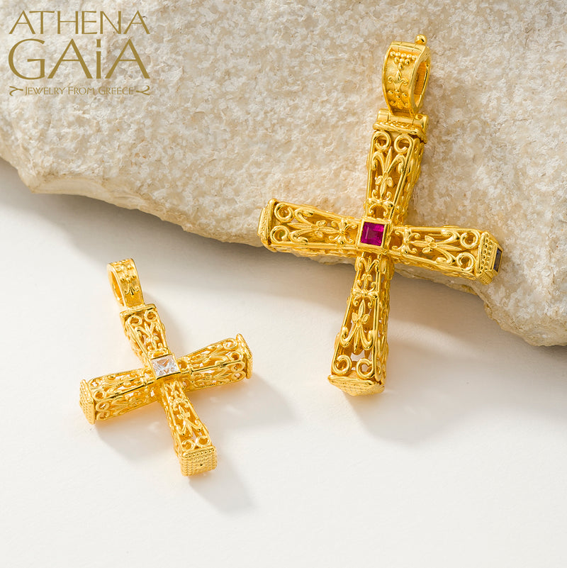 Pillars Orthodox Cross (Large) - 18k Gold - Byzantine Cross