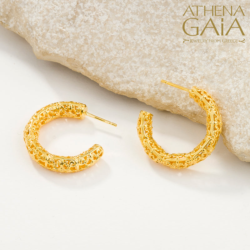 Byzantine Embroidery Gold Filigree Earrings - 18k Gold - Hoop Earrings