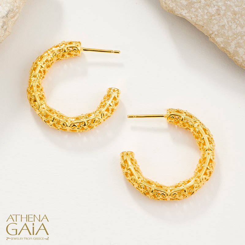Byzantine Embroidery Gold Filigree Earrings - 18k Gold - Hoop Earrings