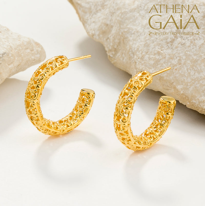 Byzantine Embroidery Gold Filigree Earrings - 18k Gold - Hoop Earrings