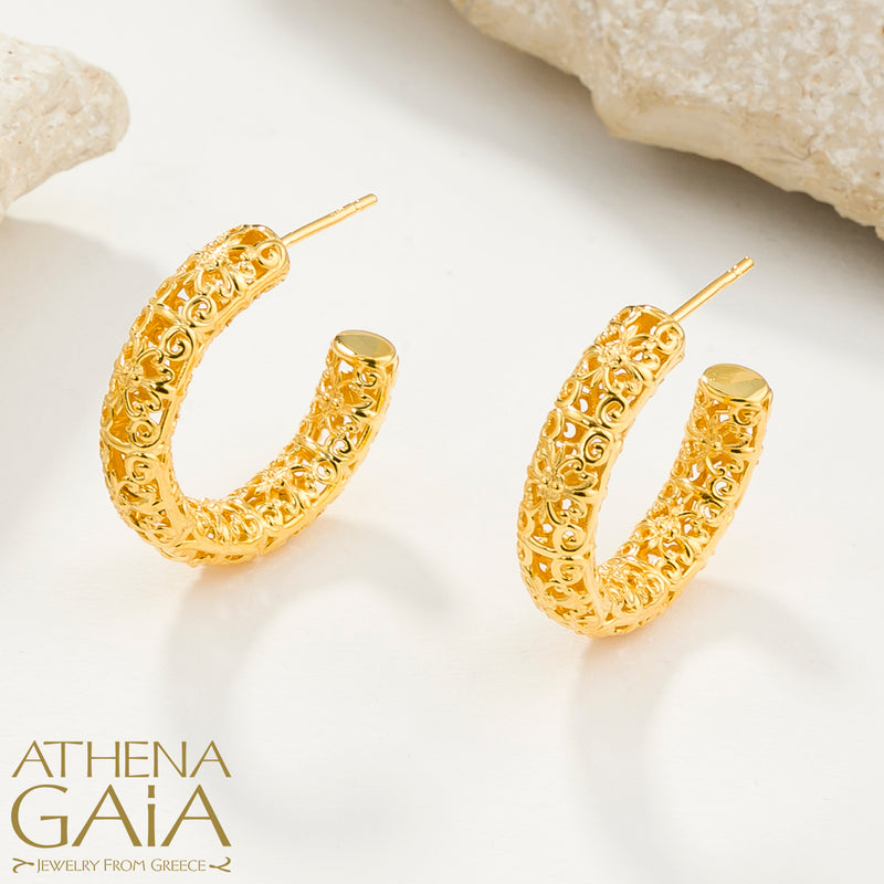 Byzantine Embroidery Gold Filigree Earrings - 18k Gold - Hoop Earrings