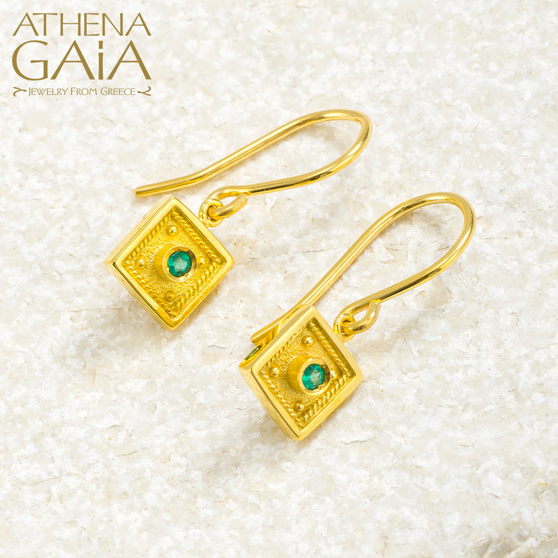 Byzantine Embroidery Small Square Hook Earrings - 18k Gold Earrings
