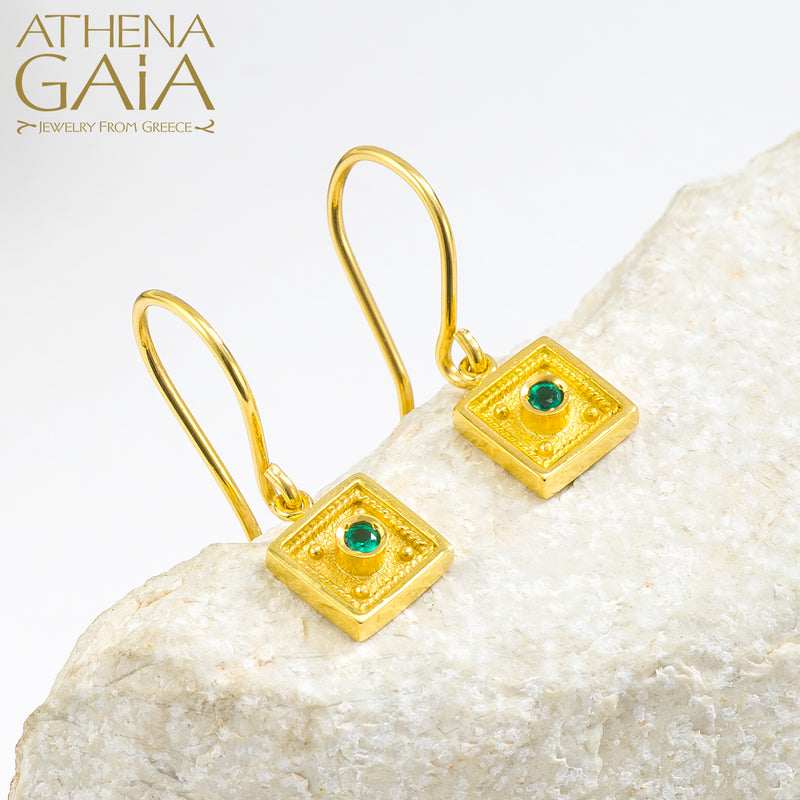 Byzantine Embroidery Small Square Hook Earrings - 18k Gold Earrings