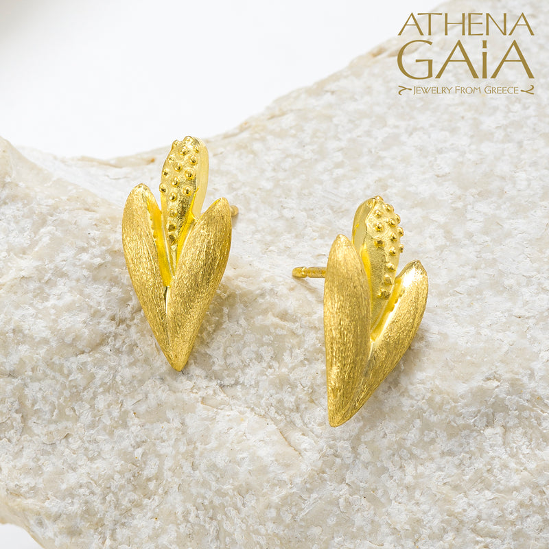 Golden Peonies Wheat Earrings - 18k Gold Earrings - Post Earrings
