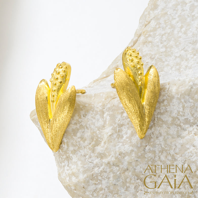 Golden Peonies Wheat Earrings - 18k Gold Earrings - Post Earrings