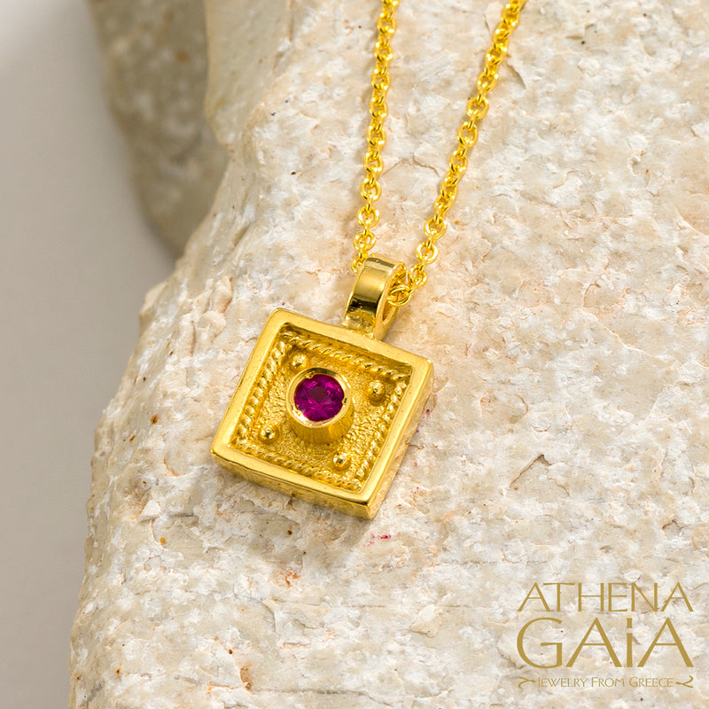 Byzantine Embroidery Square Pendant Necklace - 18k Gold Necklace