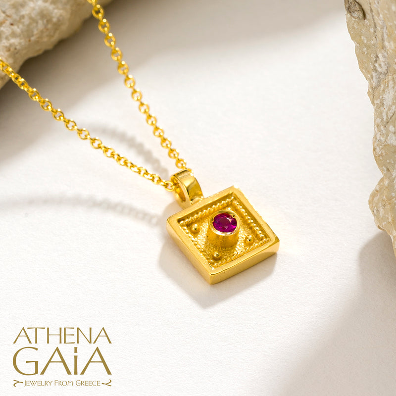 Byzantine Embroidery Square Pendant Necklace - 18k Gold Necklace