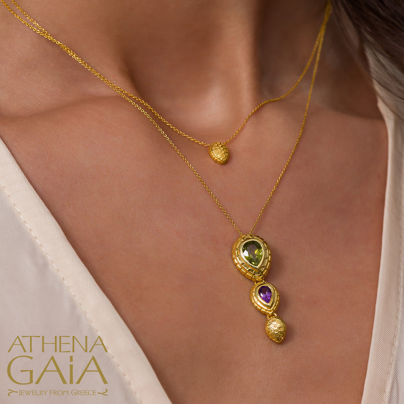 Cosmos Double Stone Tortoise Drop Pendant Necklace - 18k Gold Necklace