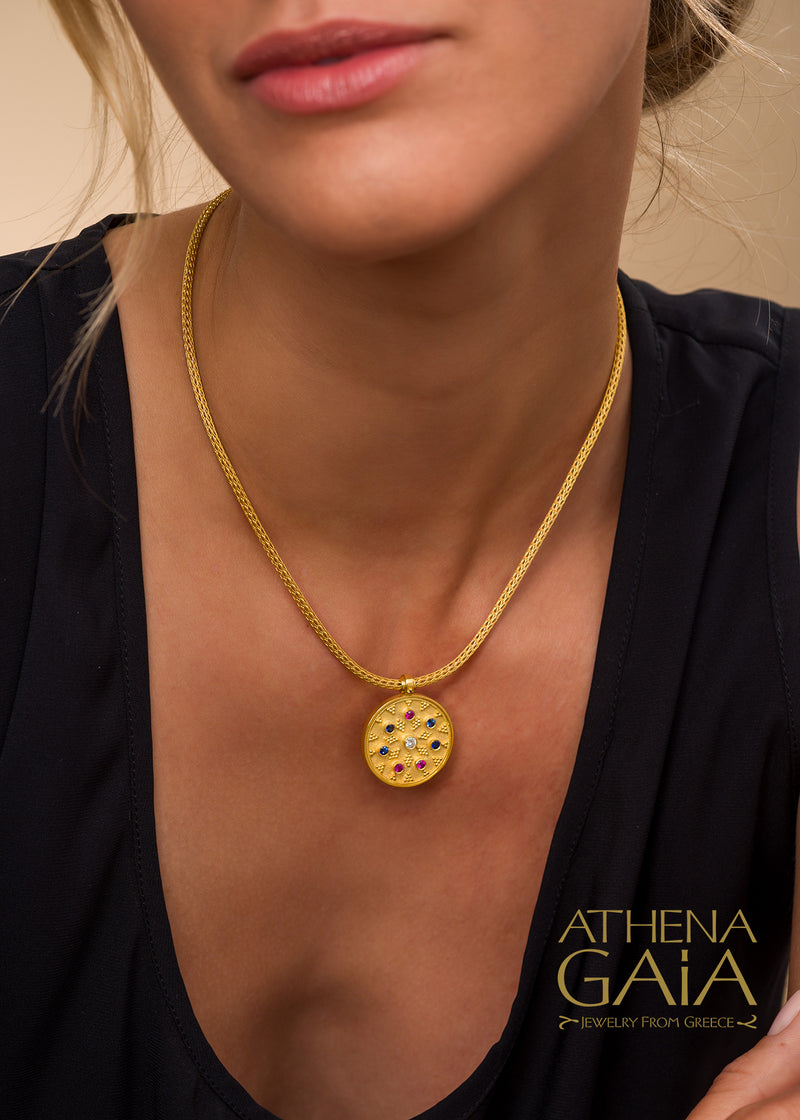 Byzantine Embroidery Disc Pendant Necklace (Large) - 18k Gold Necklace