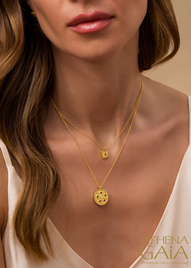 Byzantine Embroidery Square Pendant Necklace - 18k Gold Necklace