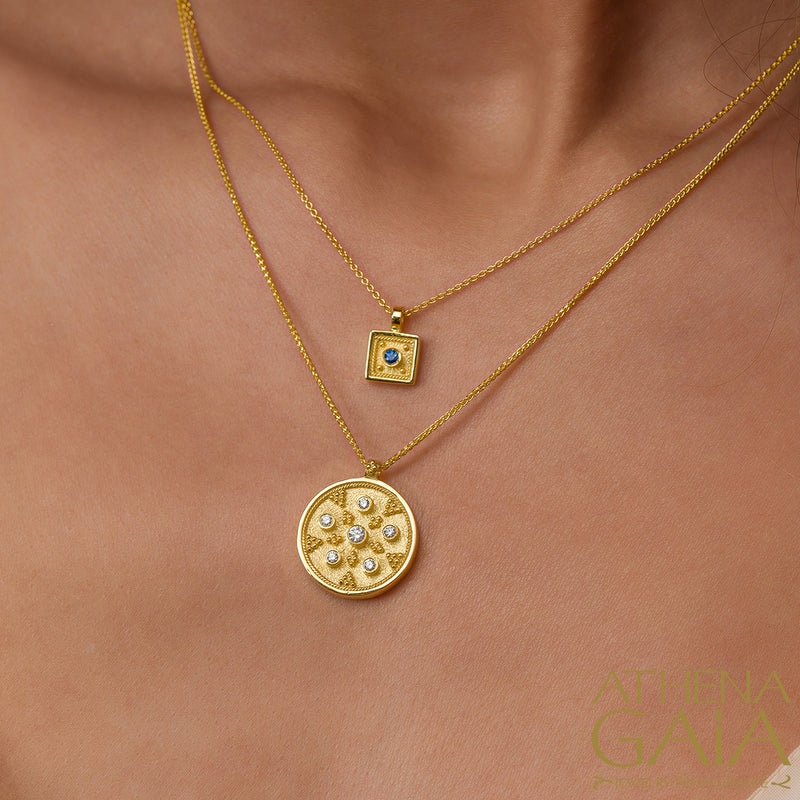 Byzantine Embroidery Small Disc Pendant Necklace - 18k Gold Necklace