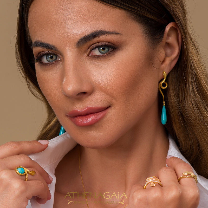 Mythology Snakes Stone and Diamond Ring - 18k Gold Ring - Cocktail Ring