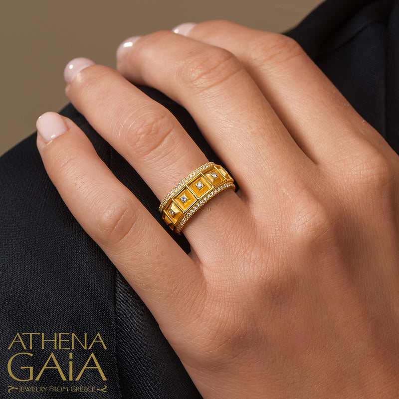 Shadow and Light Diamond Block & Border Ring - 18k Gold Ring - Stackable Ring