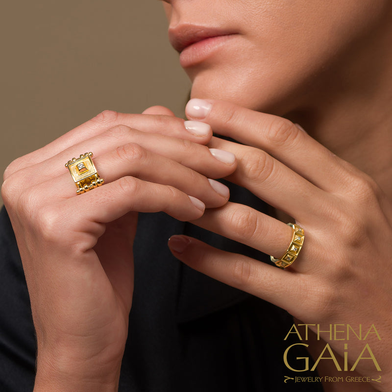 Shadow and Light Diamond Block & Border Ring - 18k Gold Ring - Stackable Ring