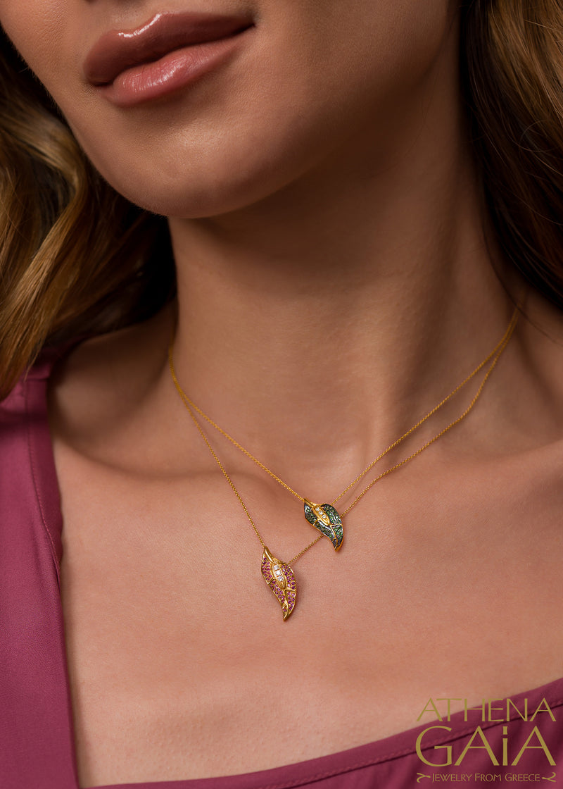 Golden Peonies Stone Pendant Necklace - 18k Gold Necklace