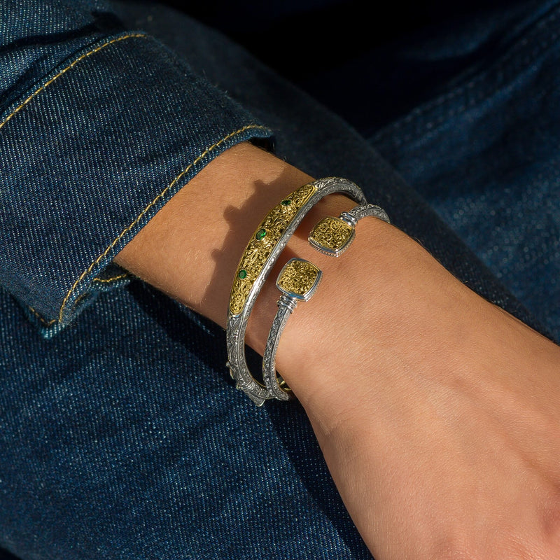Mediterranean Gemstone Bracelet - 18k Gold & Sterling Silver - Hinged Bangle Bracelet