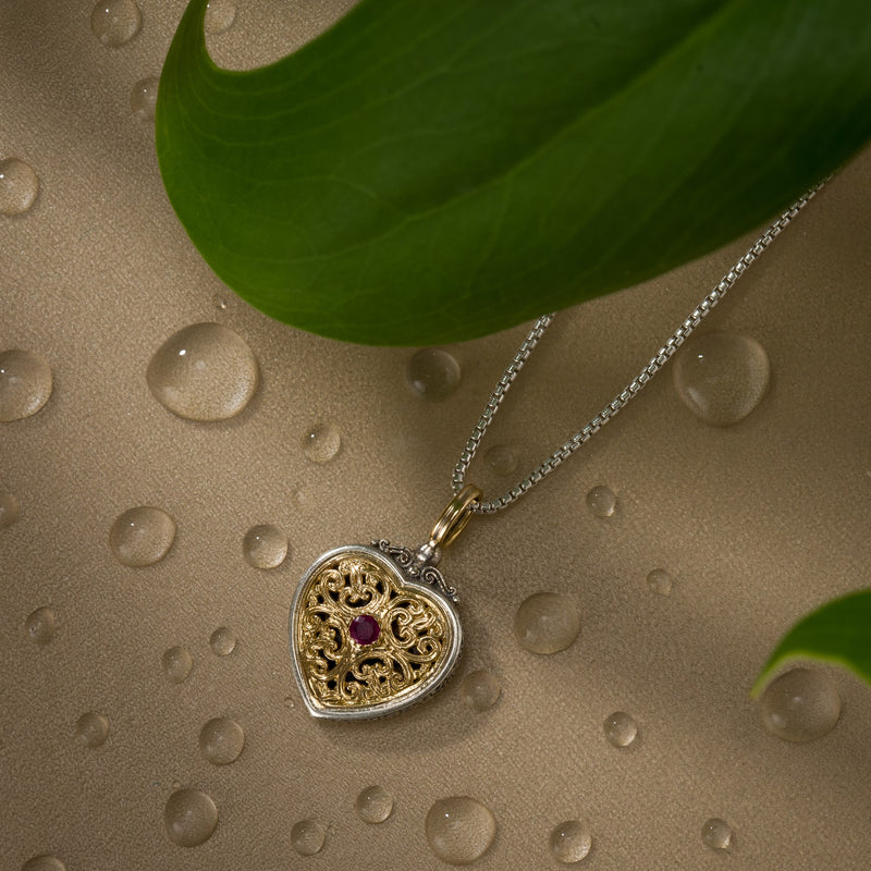 Mediterranean Heart with Gemstone Pendant - 18k Gold & Sterling Silver Pendant