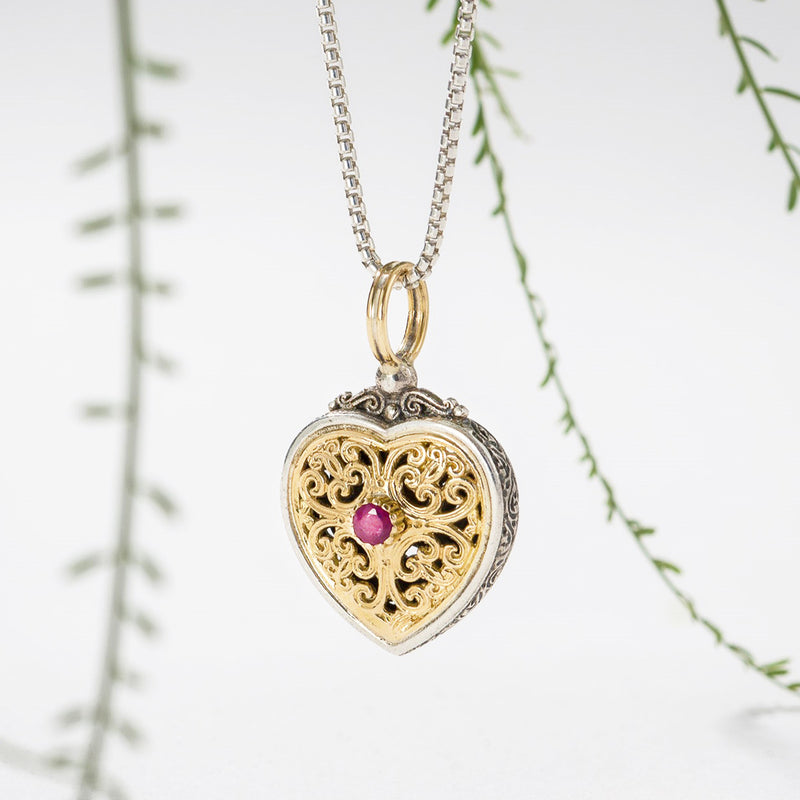 Mediterranean Heart with Gemstone Pendant - 18k Gold & Sterling Silver Pendant