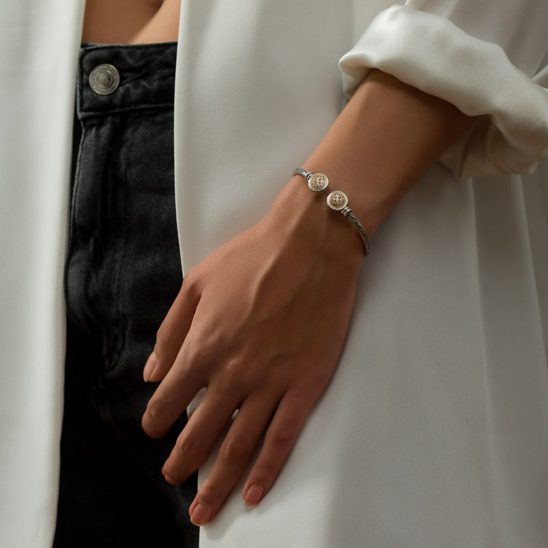 Mediterranean Round Face Bracelet - 18k Gold and Sterling Silver - Hinged Bangle Bracelet