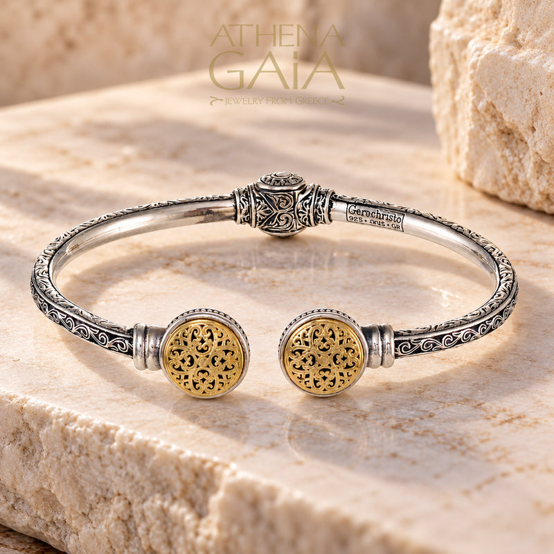 Mediterranean Round Face Bracelet - 18k Gold and Sterling Silver - Hinged Bangle Bracelet