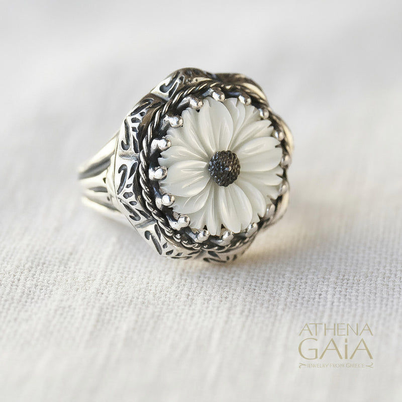 Mother of Pearl Flower Ring - Sterling Silver Ring - Cocktail Ring