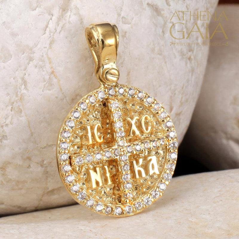 ICXC NIKA Full Stone Circular Konstantinata Cross - 14k Gold