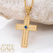 yellow gold beaded edge Orthodox Baptism cross with blue stone center