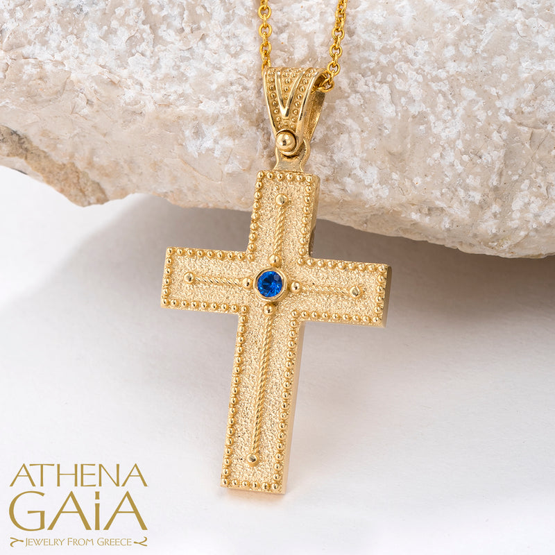 yellow gold beaded edge Orthodox Baptism cross with blue stone center