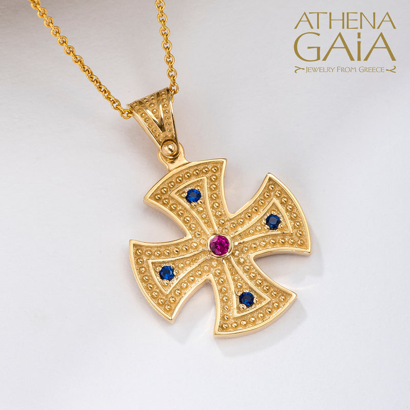 Beaded 5 Stone Maltese Cross - 14k Gold - Greek Cross