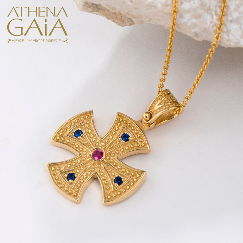 Beaded 5 Stone Maltese Cross - 14k Gold - Greek Cross