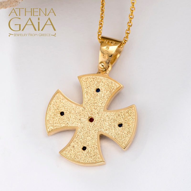 Beaded 5 Stone Maltese Cross - 14k Gold - Greek Cross