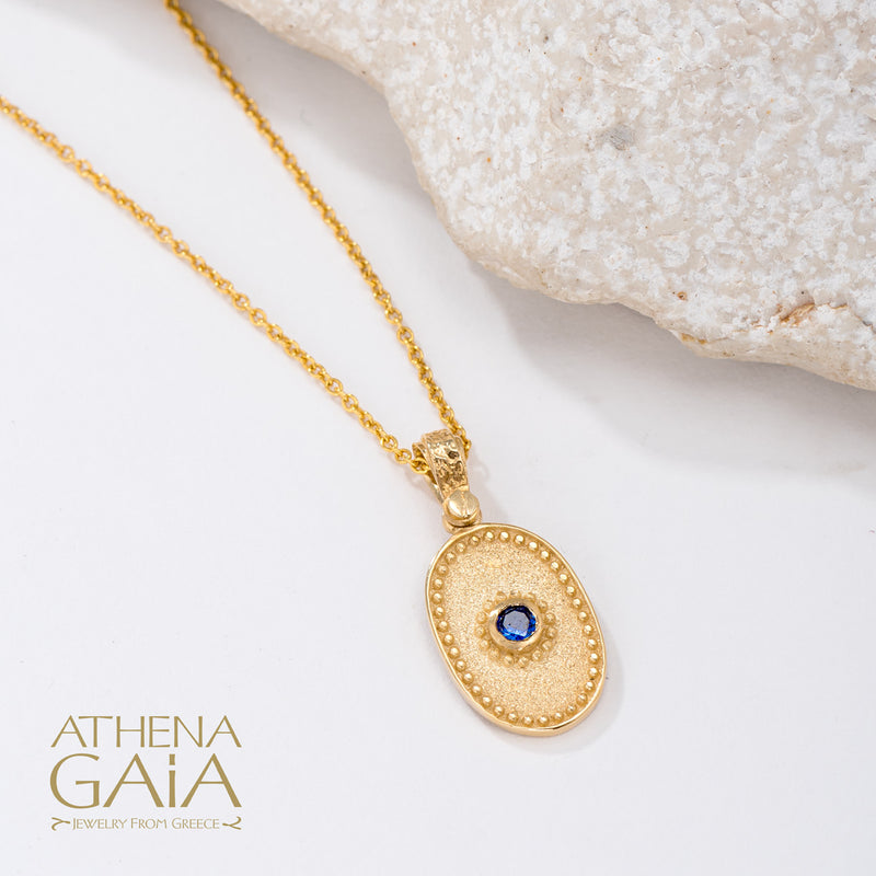 Oval Beaded Disc Pendant With Stone (Small) - 14k Gold
