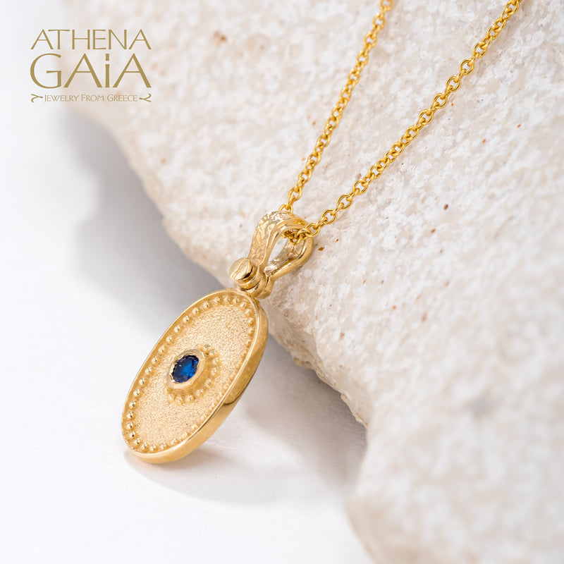 Oval Beaded Disc Pendant With Stone (Small) - 14k Gold