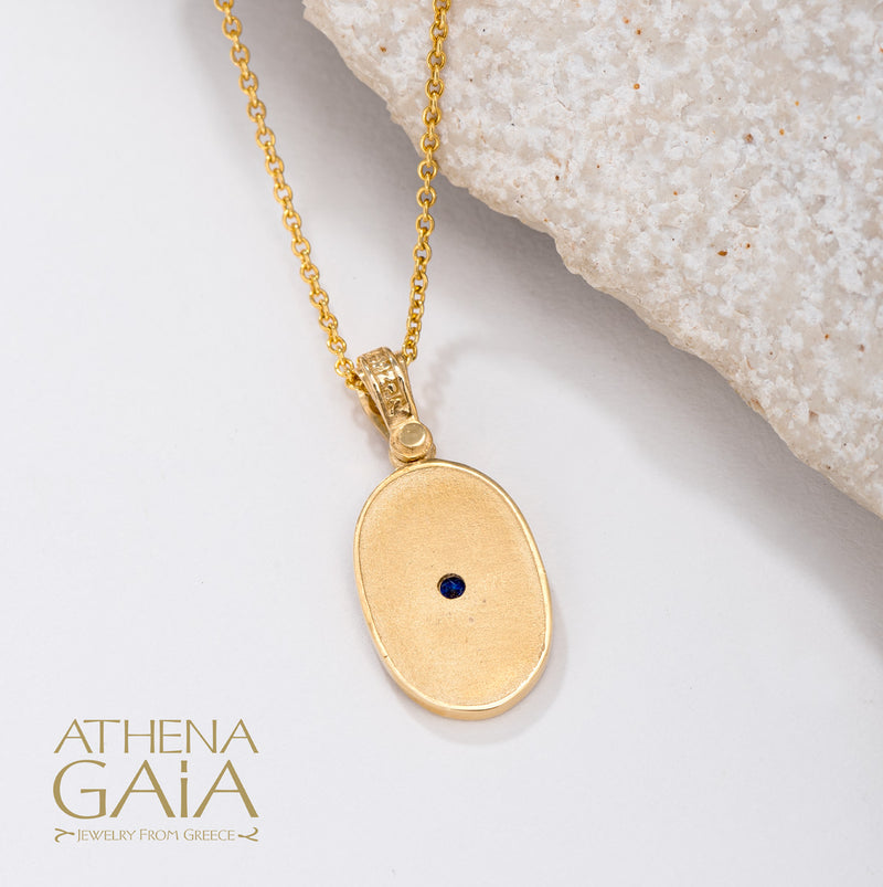 Oval Beaded Disc Pendant With Stone (Small) - 14k Gold