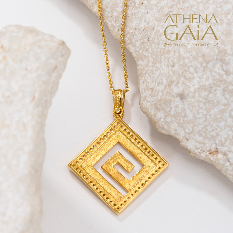 Greek Key Stone Border Pendant - 14k Gold Pendant