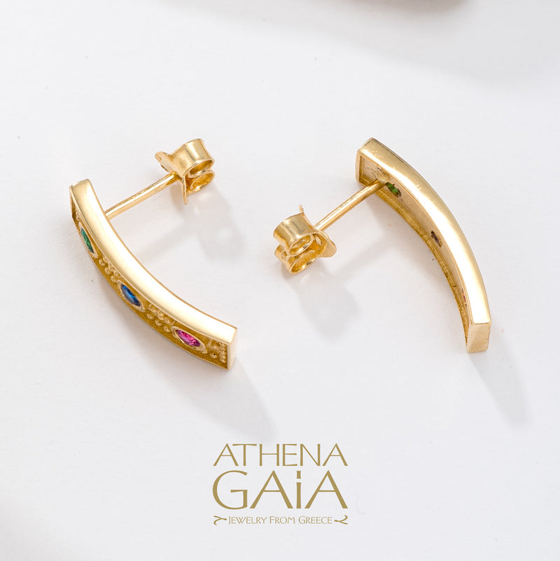 Byzantine 3 Stone Beaded Earrings - 14k Gold - Post Earrings