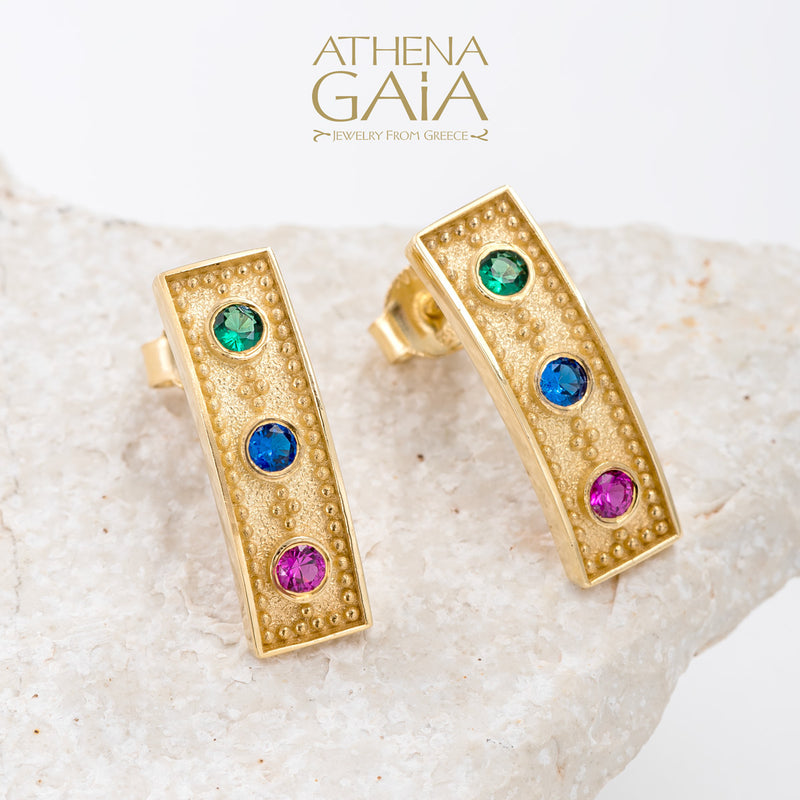 Byzantine 3 Stone Beaded Earrings - 14k Gold - Post Earrings