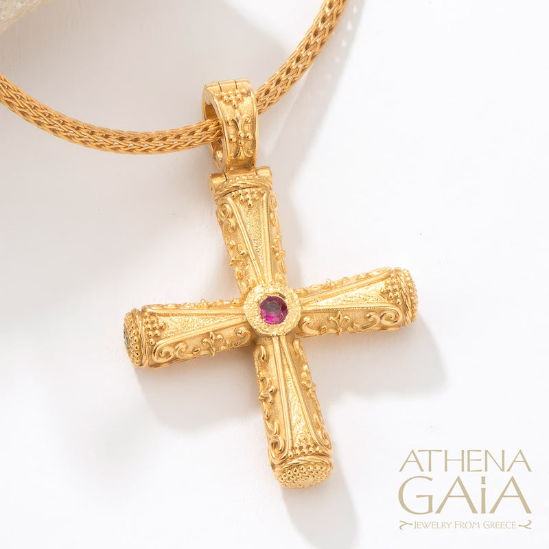 Columns Solid Orthodox Cross (Large) - 18k Gold - Byzantine Cross