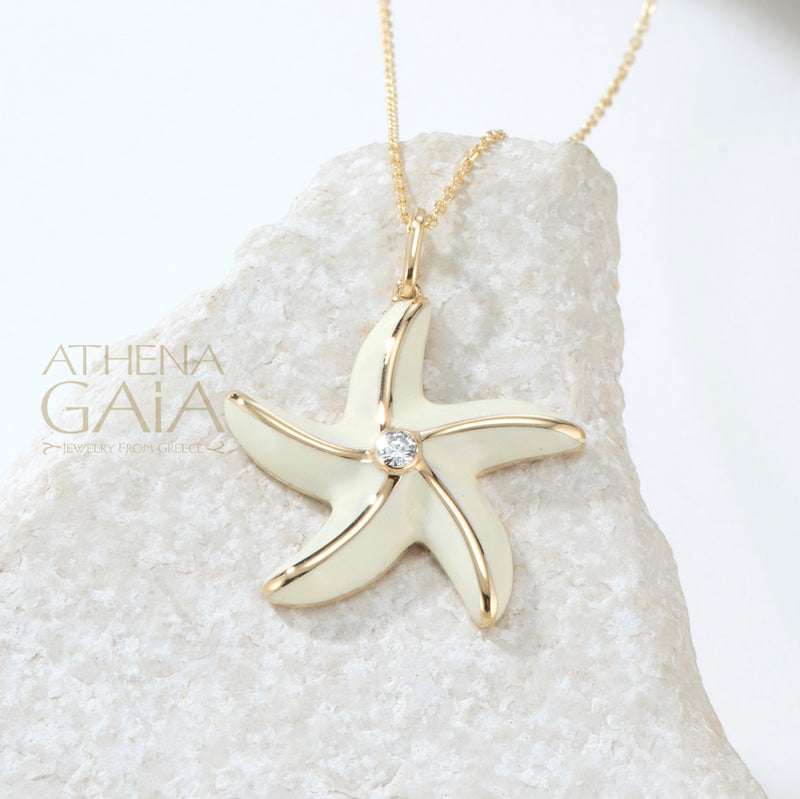 Elegant Starfish Enamel Pendant Necklace - 18k Gold Necklace